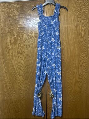 LOFT Blue Floral Smocked-Strap Jumpsuit